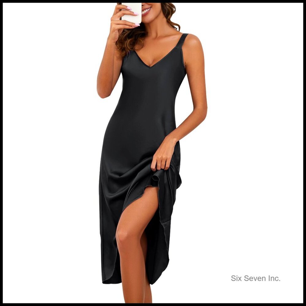 Women's Black V-Neck Satin Slip Maxi